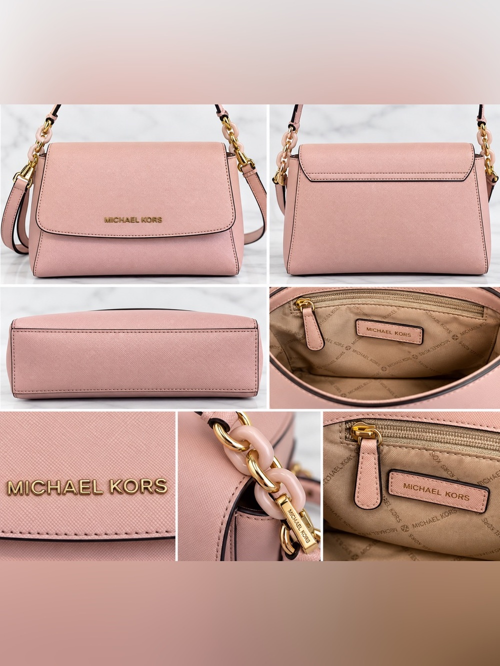 Michael Kors Blush Pink Saffiano Crossbody Shoulder Bag Gold Chain Top Handle